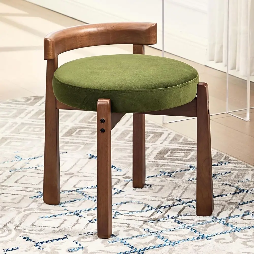 

Green Velvet Upholstered Wooden Vanity Chair with Back, Small Ottoman, Century-Style Makeup Chair for Bedroom or Living Room
