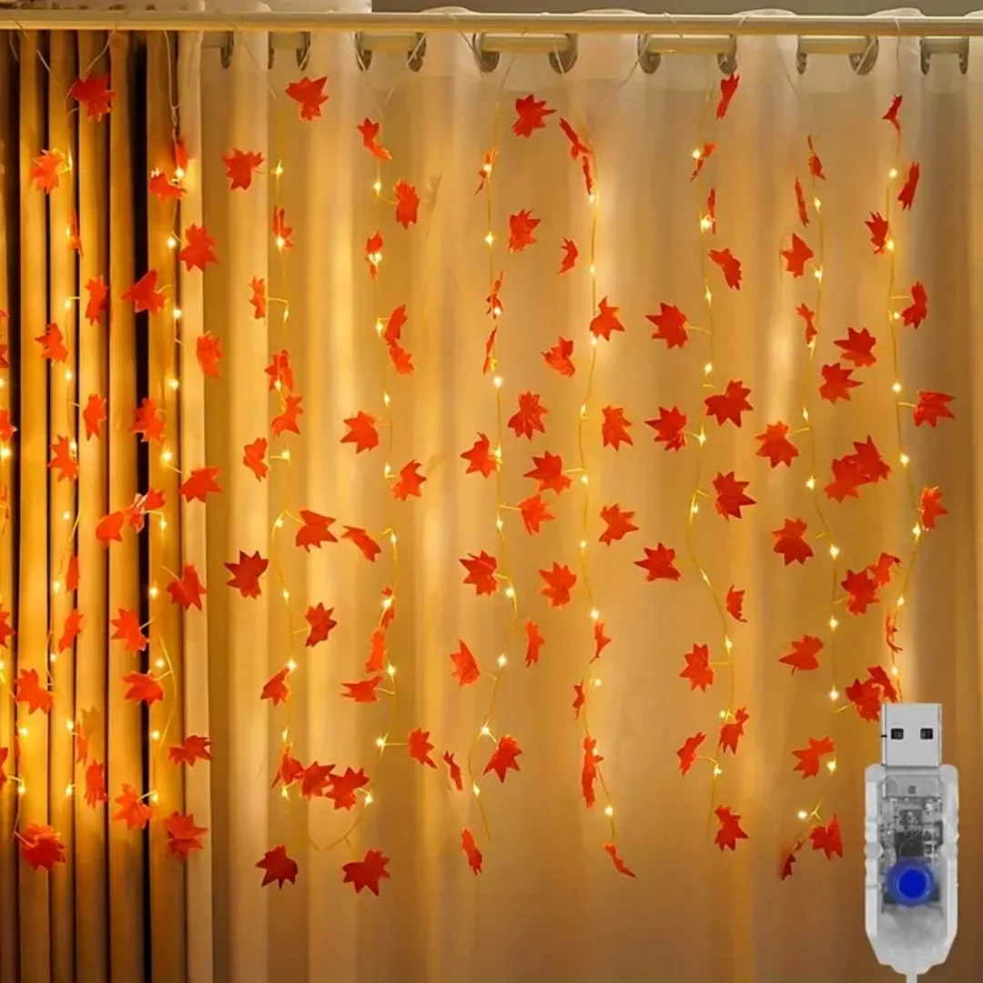 LED Maple Leaf Rattan Light String USB Copper Wire Curtain Lights For Garden Home Living Room Thanksgiving Decoration