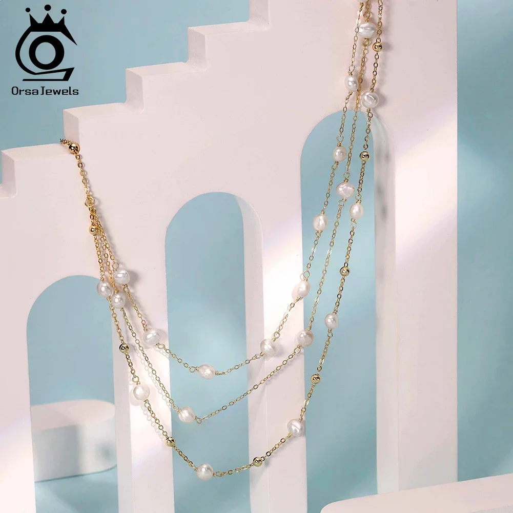 

ORSA JEWELS Multi-Layer Natural Pearls Necklace 925 Sterling Silver Trendy Layered Pearl Choker Chain for Women Jewelry GPN89