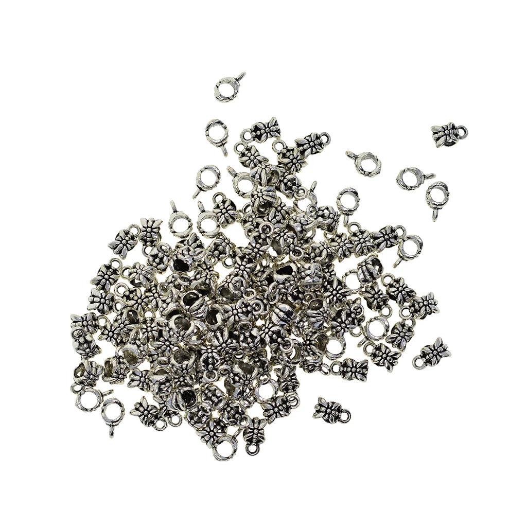 100pcs Large hole 5mm Tibetan Silver Japanese Daisy flower Bail Dangle charms Spacer Beads Fit Rope jewelry DIY making