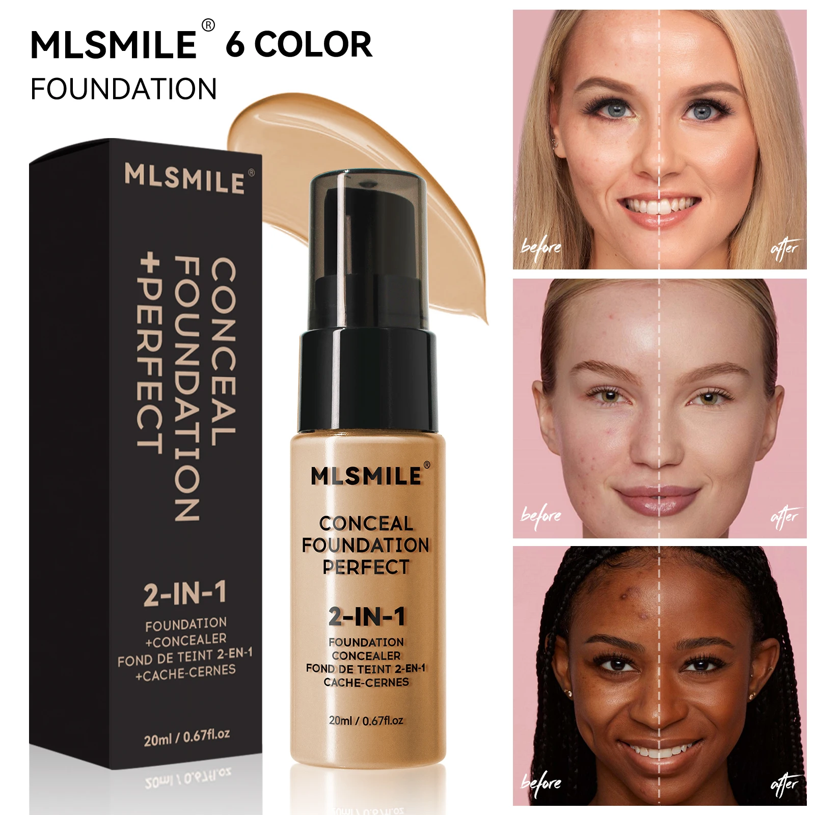 MLSMILE Fondotinta a lunga durata a 6 colori Fondotinta correttore e controllo dell'olio facile da spingere e resistente al sudore