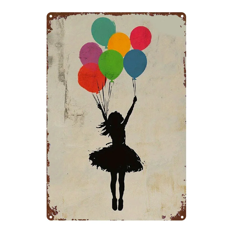 2D Flat, 1pc Vintage Balloon Metal Wall Art Sign - 8x12 Inch (20x30cm) Iron Tin Painting with Colorful Balloons & Silhouette,