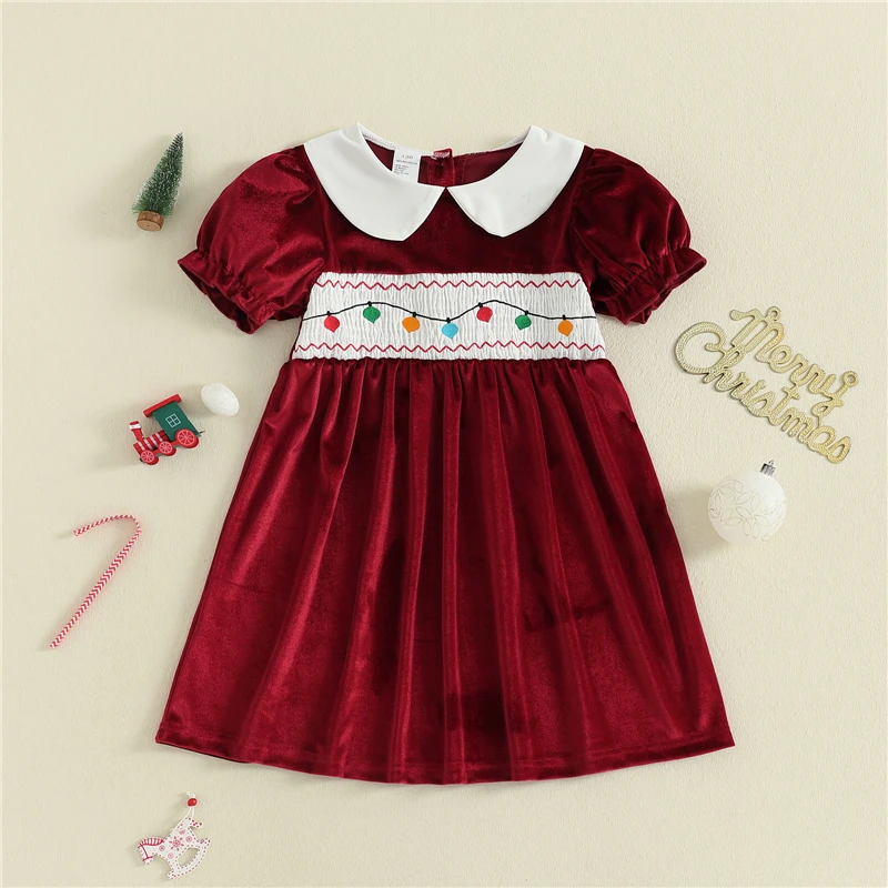 Toddler Kids Girl Christmas A Line Dress String Lights Embroidery Long Sleeves Doll Collar Velvet Dress Children Dress