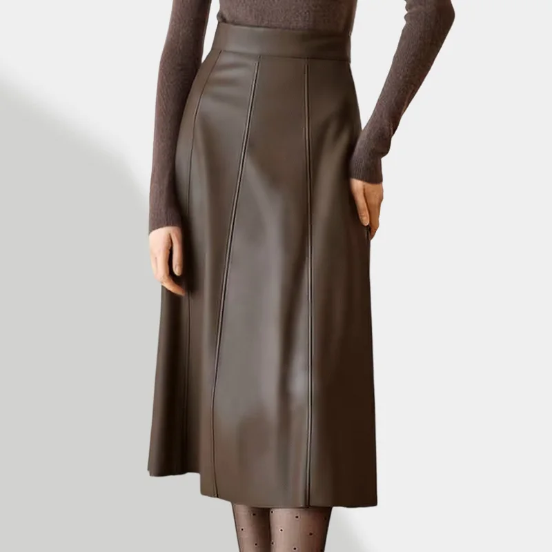 سيوليش الخريف الشتاء بولي Leather الجلود المرقعة عالية الخصر Vintage المرأة ألف خط التنانير الكورية الصلبة مظلة ميدي التنانير الإناث