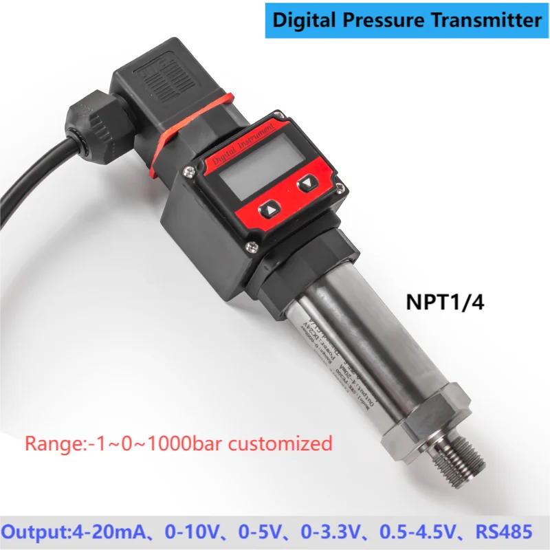 

NPT1/4 Pressure Transducer Transmitter 0-0.2bar 500bar 600bar 800bar Pressure Gauge Digital Display 4-20mA RS485 0-5V 0-10V