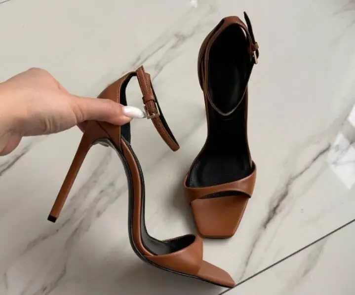 Red Black White Brown Shiny Patent Leather Square Open Toe One Line Ankle Strap Summer Sandals Women Cover Heel Thin Heels Pumps