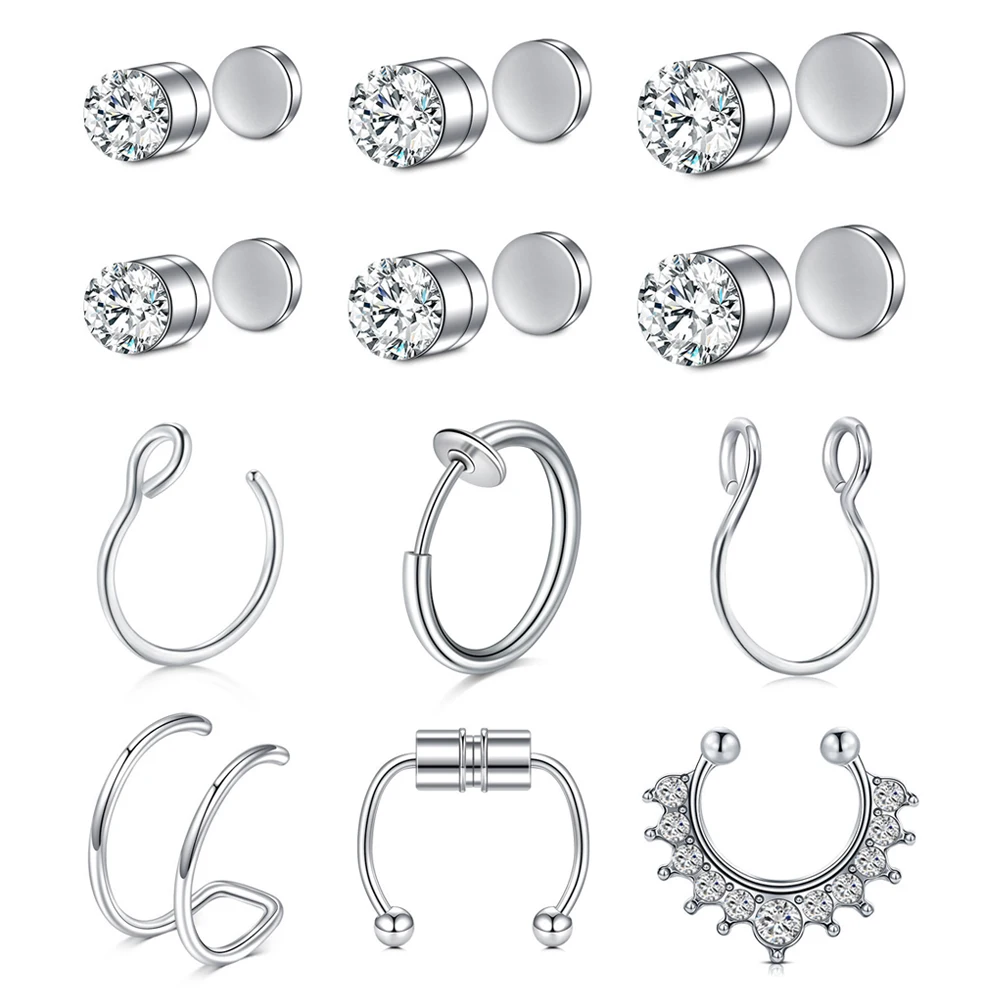 12Pcs/Set Fake Ear Ring Magnetic Studs Faux Non Pierced Ear Ring Ear Cuff No Piercing Magnetic Nose Studs CZ Dia 3/4/5mm