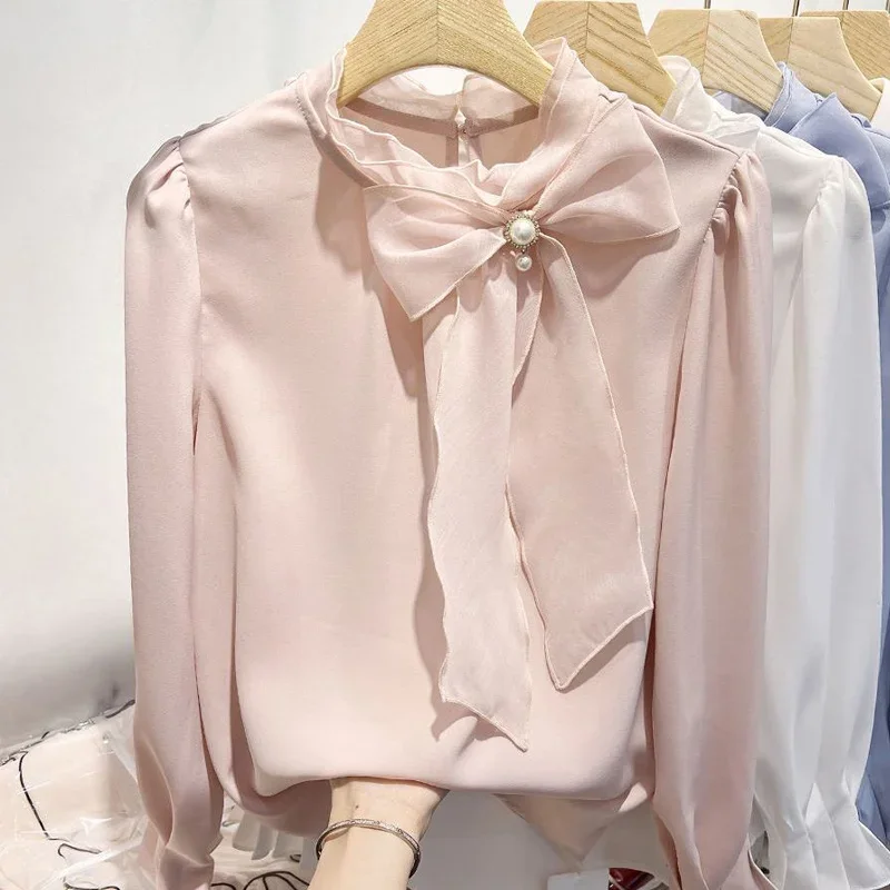 

Long Sleeve Half High Collar Solid Color Blouse Temperament Elegant Women Clothing Spring New Chiffon Pleated Shirt Tops