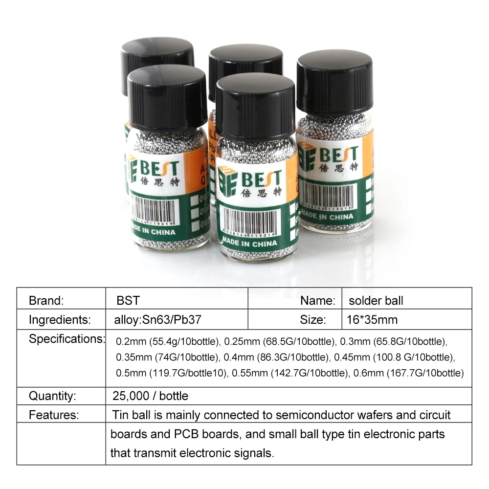 1 ขวด 0.2-0.65 มม.BGA Reballing ลูกตะกั่วสําหรับชิป IC อุปกรณ์บัดกรี Solder Ball วัสดุดีบุก Sn63/Pb37