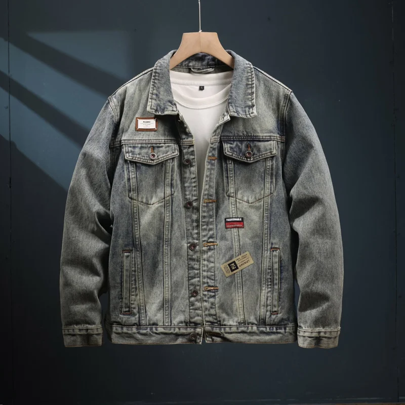 

Retro washed embroidered patch denim jacket for men 2024 new trendy Korean style fashion stitching casual top