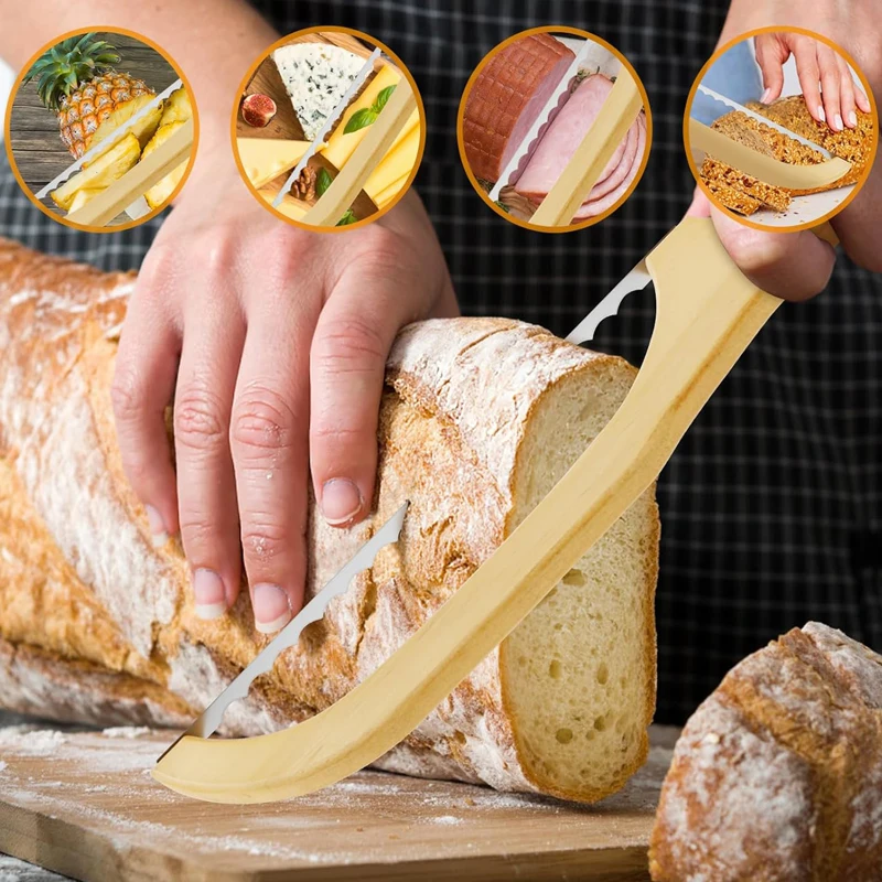 Bread Bow Cutter with Wooden Handle Stainless Steel Sourdough Bread Slicer Bread Bow Saw Fruit Pastry Bread Slicer Baking Tool
