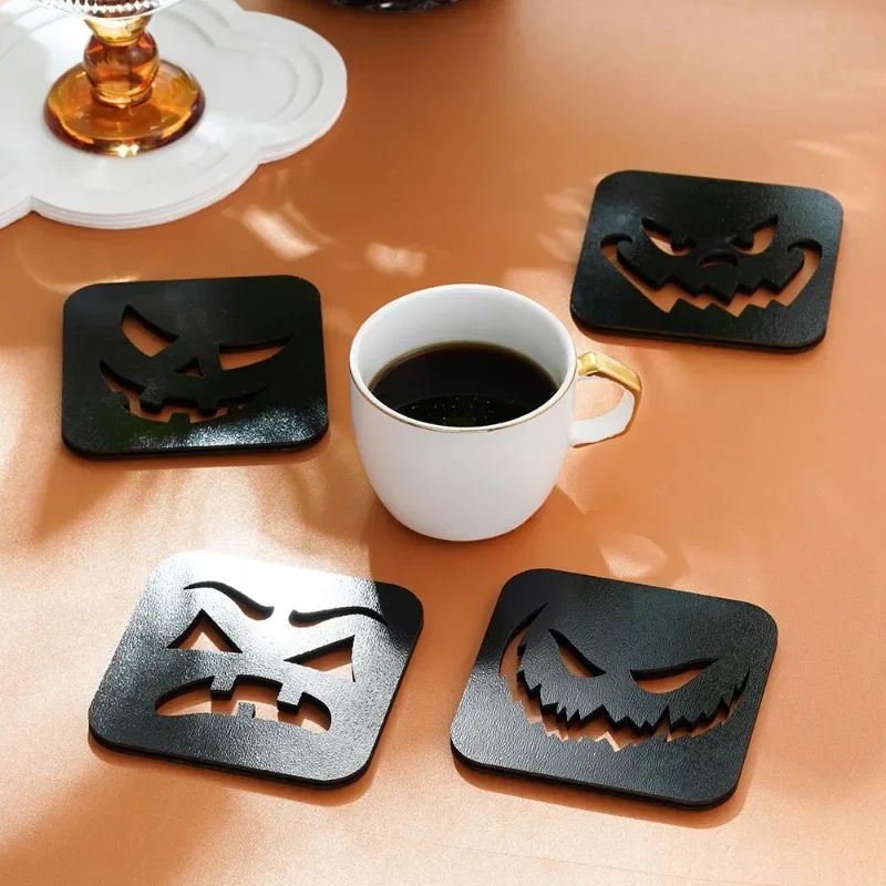 

Horror Halloween wooden coaster set grinning ghost face front and back black and white dual-use table setting holiday decoration