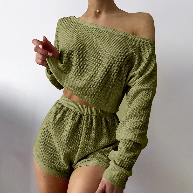 2024 Women\'s Summer Pajamas Two-piece Set One Shoulder Long Sleeve Short Top Elastic Waist Shorts Suit Casual Home Wear Suit