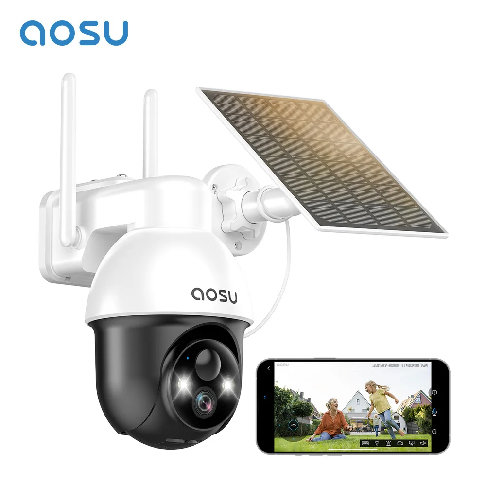 AOSU 3MP PTZ Solar Security Camera Built-in Battery Wireless 2.4G WIFI Camera PIR Body Detection 2-Way Audio Outdoor CCTV Camera