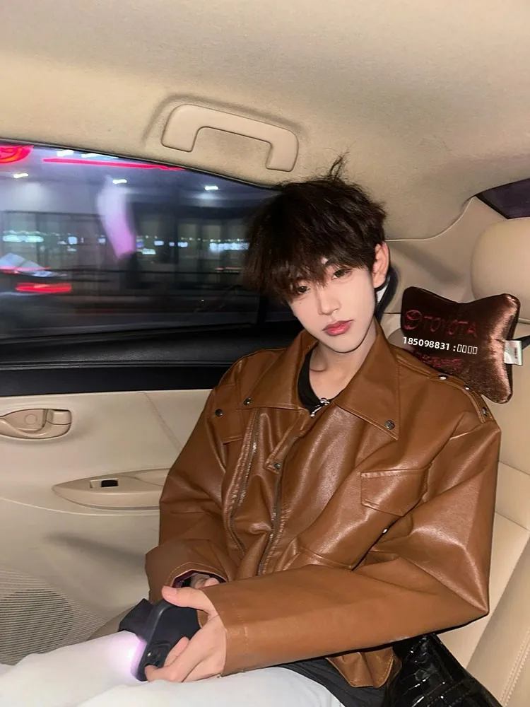 

Мужская кожаная куртка в американском ретро-стиле для весны и осени, мотоциклетная одежда с заклепками, дизайнерская кожаная куртка с эффектом высокой плотности ткани