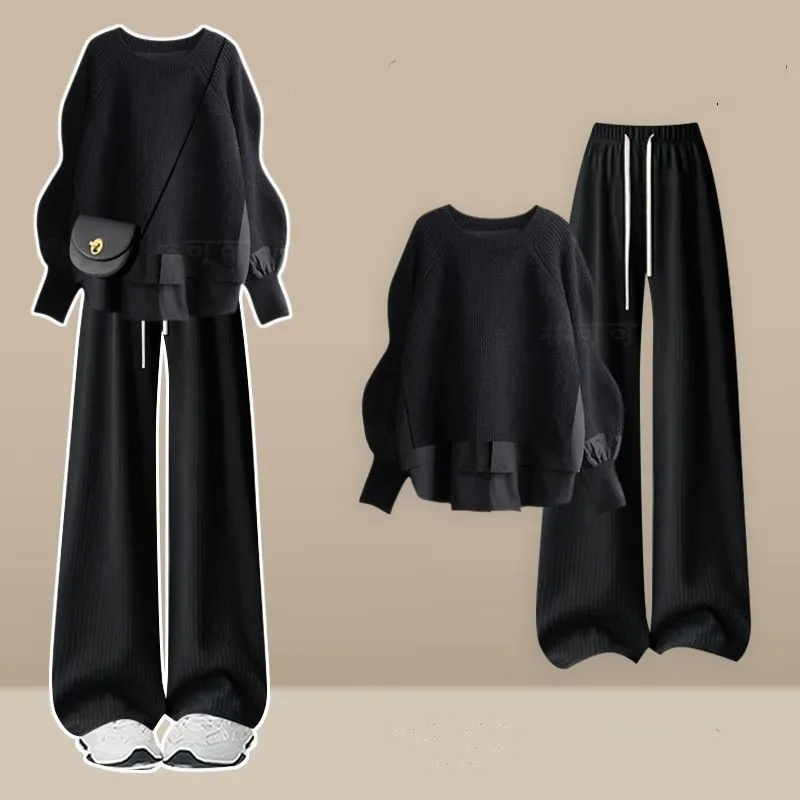 Vrouwen 2025 Herfst/Winter Nieuwe Chic Trainingspak Bijpassende Set Koreaanse Elegante Nep 2 Stuk Lange Mouwen Gebreide trui + Casual Broek Pak