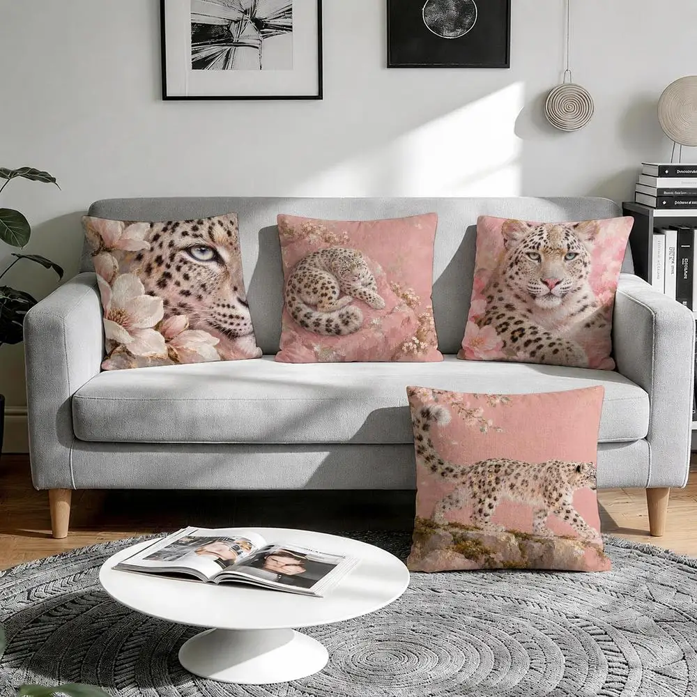 Snow Leopard Exotic Mysterious Cushion Cover 1/4Pcs Linen Throw Pillow Covers Double-Side Print Sofa Couch Living Room Decor