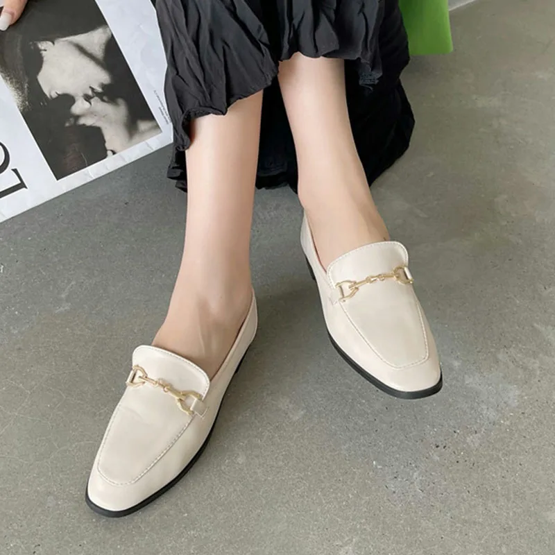 Comemore 2022 Spring Women Slip on Loafer Spring Fashion Ladies British Metal Flat Shoes Pumps Female Green Casual Leather Flats