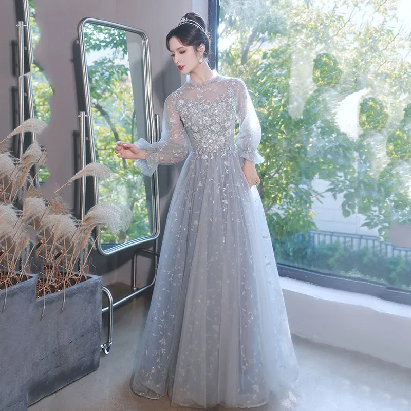 Luxury Grey Evening Dress Female 2024banquet Fairy Temperament Dress Bridesmaid Dress Long Sleeve Party Annual Party Gown