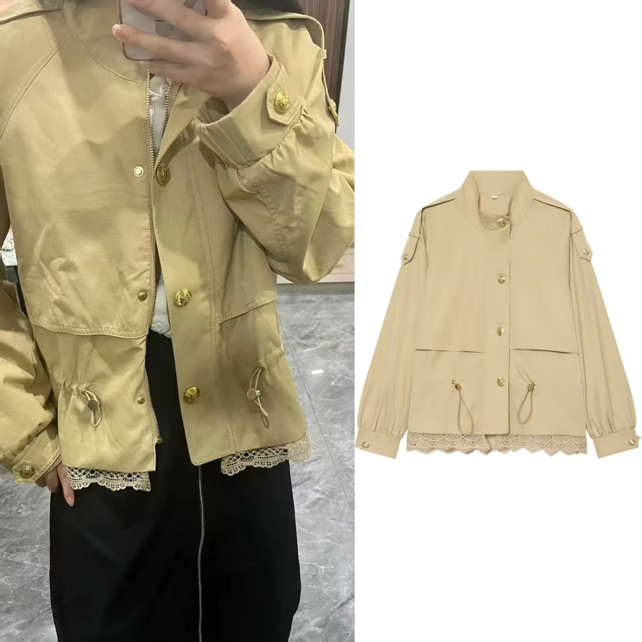 Guobioziy 2026 Fall New Arrival Women's Jacket Khaki Long Sleeve Lace-Trim Loose Jacket Parka Casual Fashion
