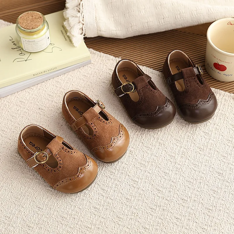 

Toddler Kids Leather Shoes Matte Cute Classic Children Flat Shoes T-strap 21-30 Solid Color Hollow-out Unisex Mary Janes for Kid