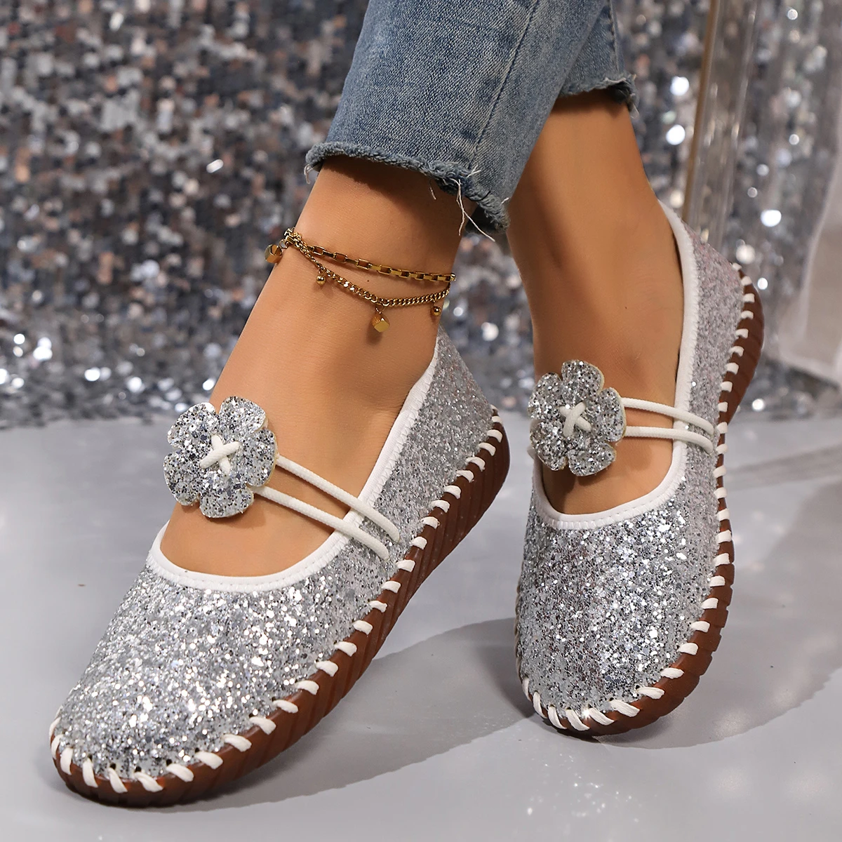 

Туфли Мэри Джейн с блестящим ремешком для женщин, с круглым носком, на мягкой подошве, балетки, низкий вырез, в стиле феи, на низком каблуке