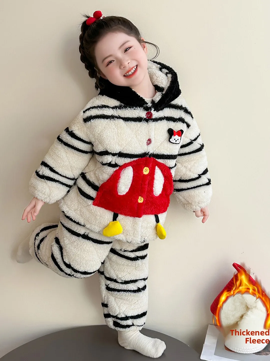 

Thiened фланелевые детские пижамы в полоску с капюшоном, комплект из двух предметов для девочек, зимняя домашняя одежда, наполненная хлопок