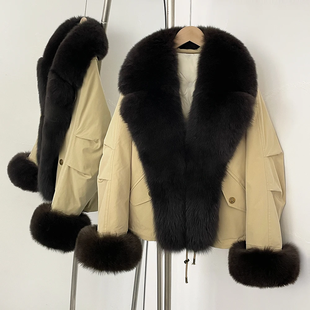 Real Fox Fur Down Jacket Collar Women 2025 Autumn Winter White Duck Down Coat Waterproof Warm Big Fur Cuffs Puffer Jacket Female