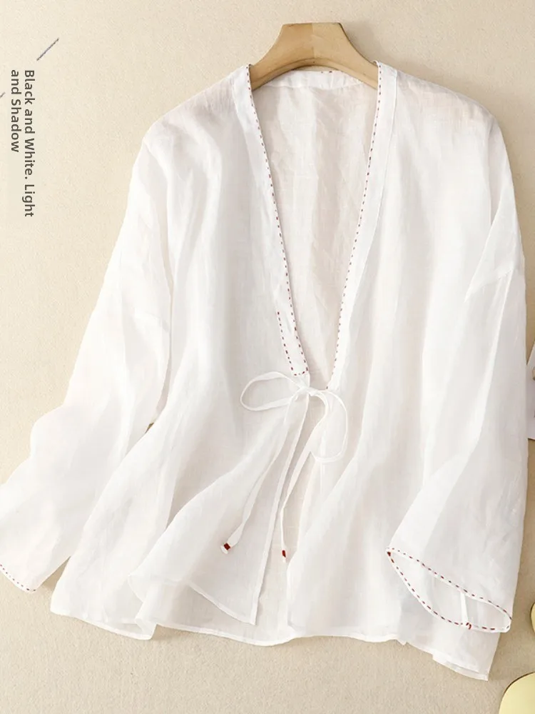

Retro Embroidered Thread Simple Cotton Linen Summer Casual Thin Cardigan Coat Women's Knot round Neck Long Sleeve O...