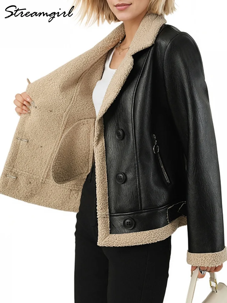 Streamgirl Winter PU Jackets For Women Warm Fleece Coat Black Thick Warm Leather Jacket Women Winter Fur Coats Outwear Spring