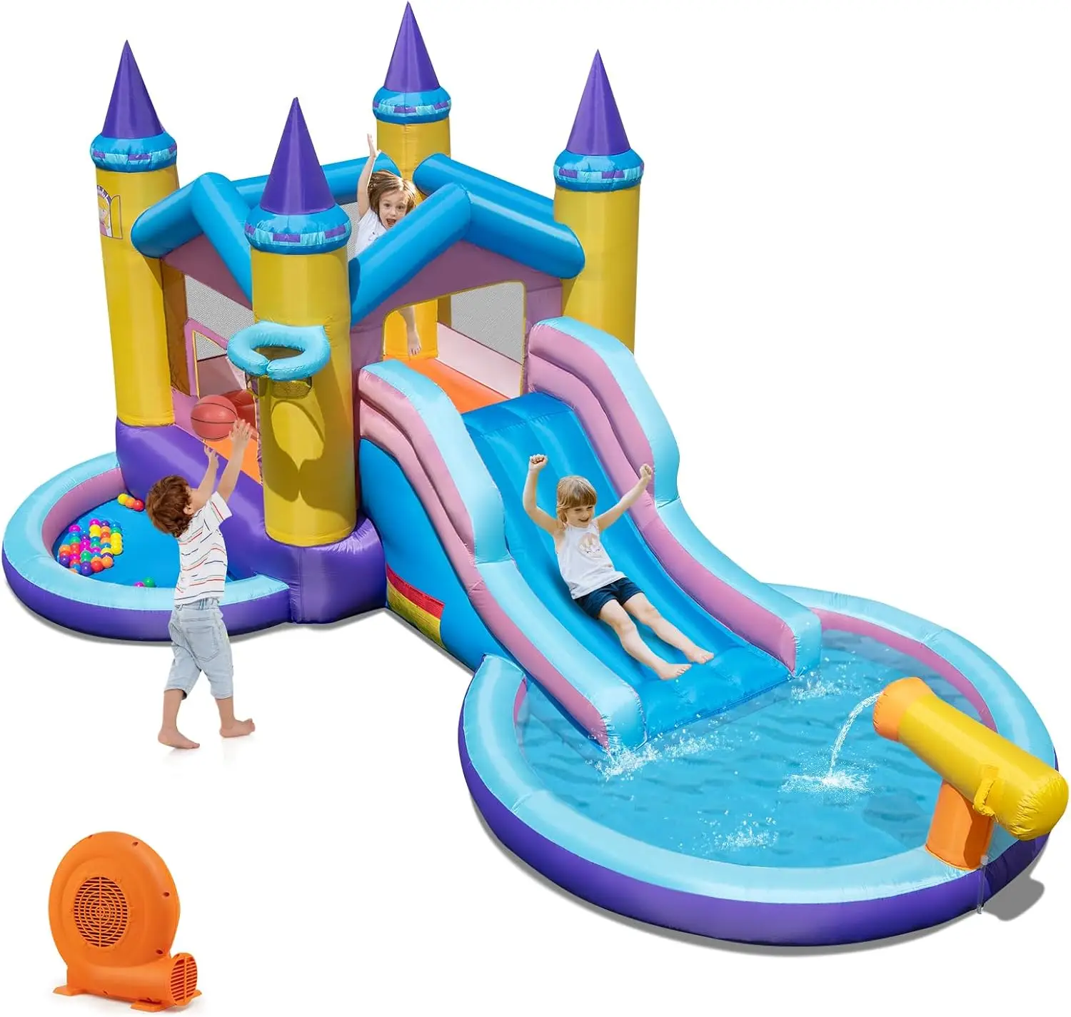 Toboggan gonflable avec souffleur, parc aquatique Ocean Bounce House avec fosse à balles et piscine anti-éclaboussures pour le plaisir en plein air, château gonflable W