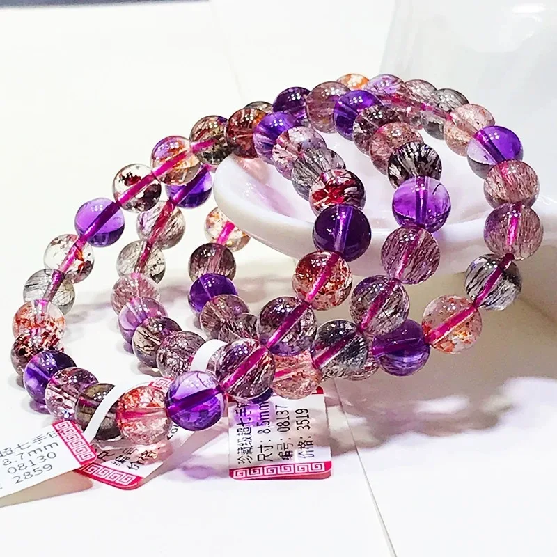 Natural Brazilian Super Seven for Women, Golden Strawberry Quartz Crystal Bracelet, Three-Wheel Rutilated Quart
