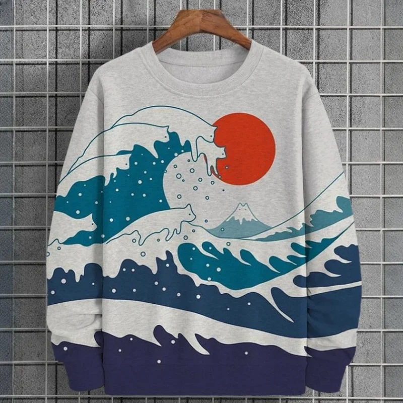 Sweat à capuche imprimé 3D Ukiyoe Sea Wave pour hommes, pull vintage, sweat-shirt à manches longues, sweats à capuche à col rond, graphique végétal, automne