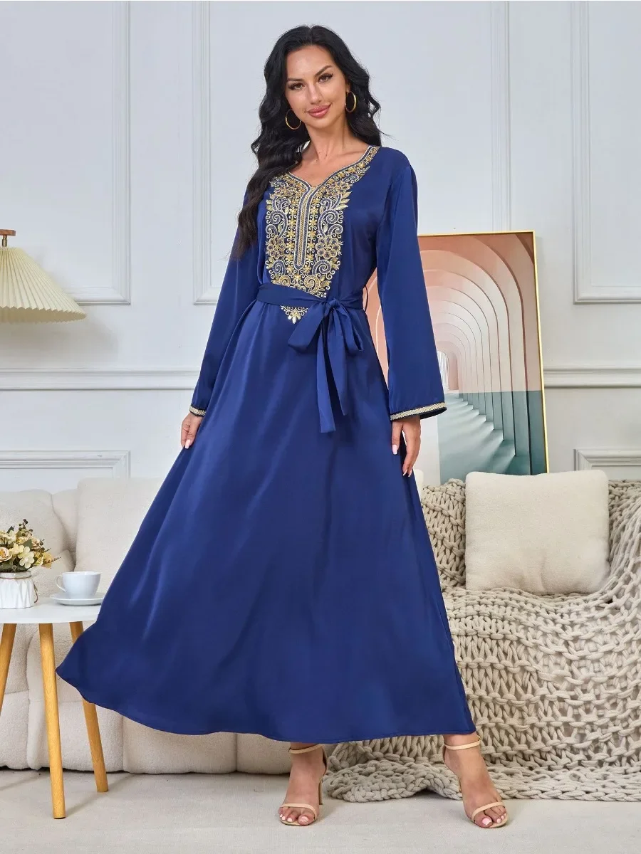 Embroidery Muslim Party Dress Women Abaya Eid Ramadan Vestidos Largos Dubai Robe Jalabiya Long Dress Belt Morocco Kaftan 2024