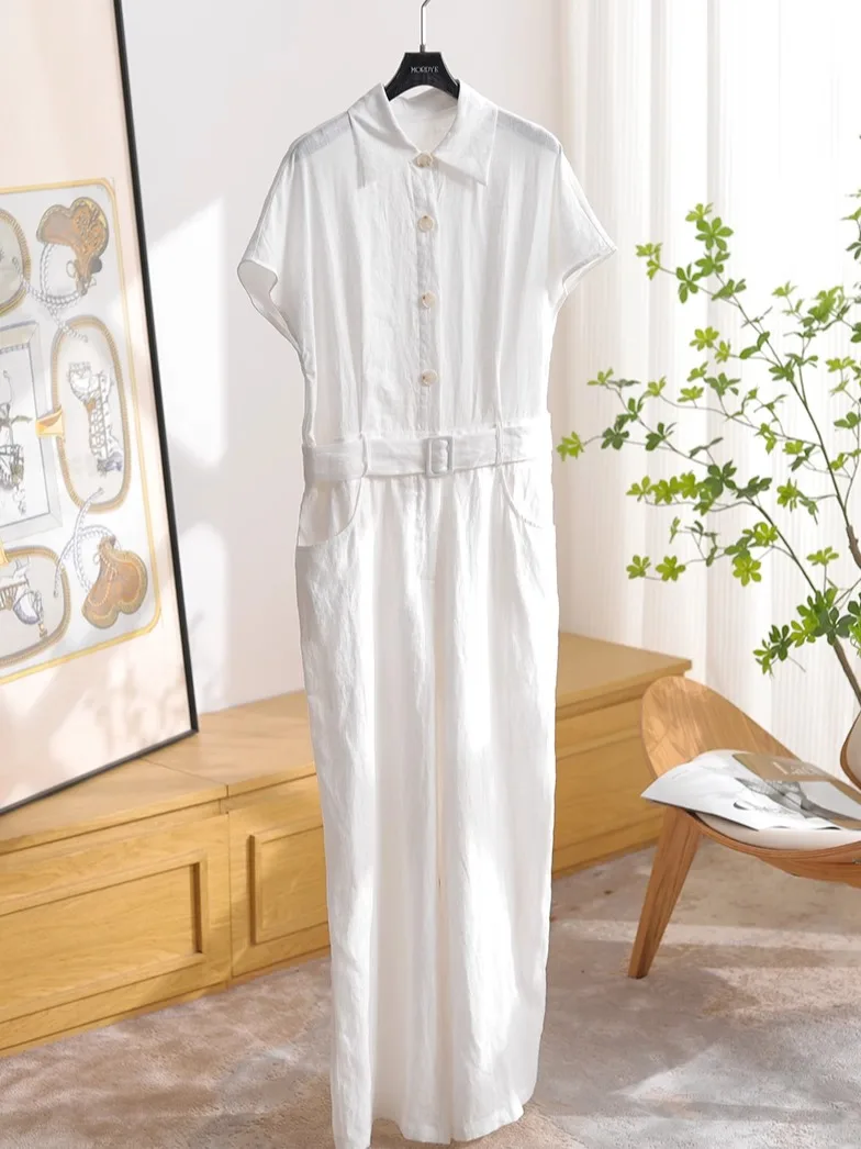

Ele White Linen Jumpsuit with Stand Collar And Flng Sves High Waist Long Pants Commute Sle Women's High-End Workwear