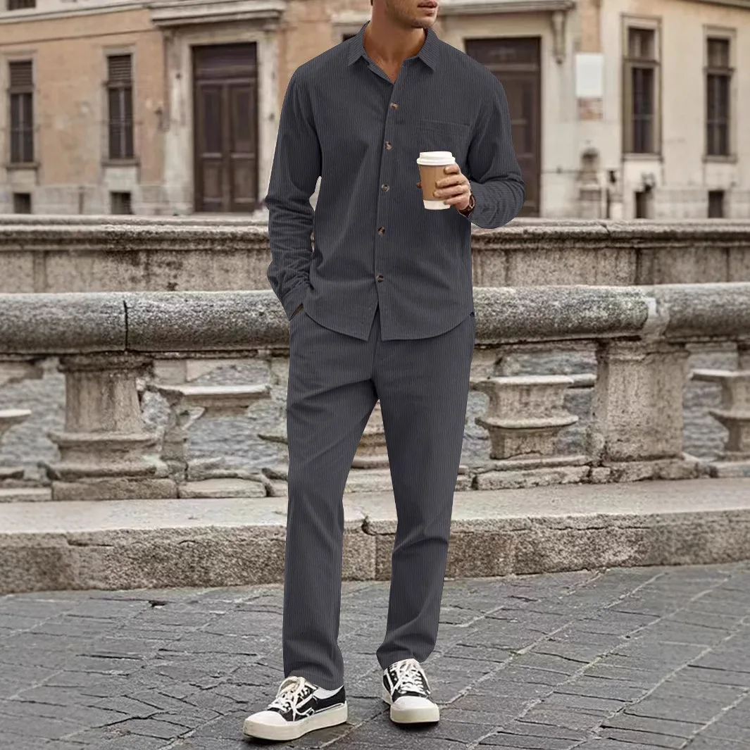 2025 new corduroy men's spring and autumn casual collar button up shirt long sleeved pants set