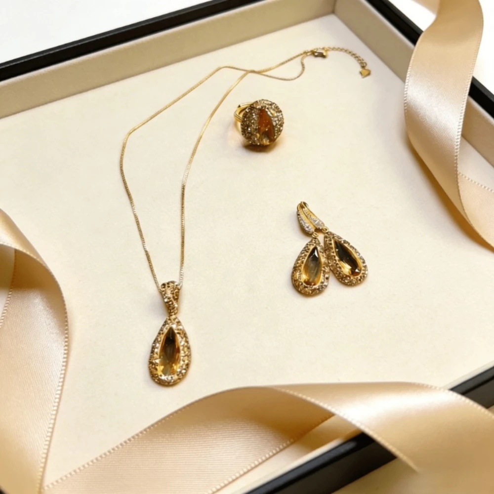 Zultanite Crystal Jewelry Set Teardrop Color Changing Hand Inlaid Necklace Earrings Ring Party Wedding Daily WearDaily Wear