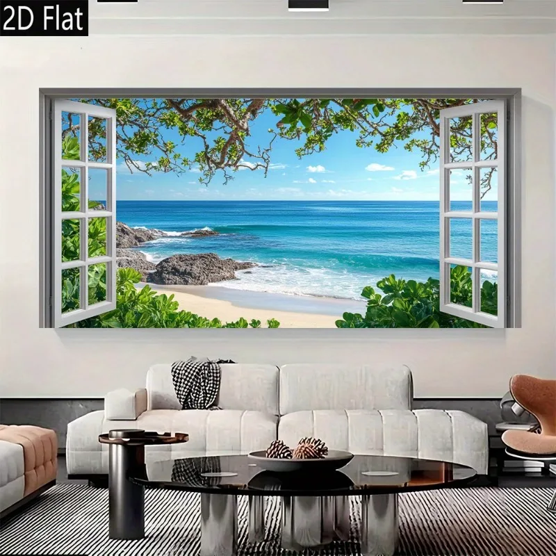 

Beach View Through Open Window Decor Wall Art Frameless Large Wall Art Canvas Modern Vintage Design, High Quality Printed Poster