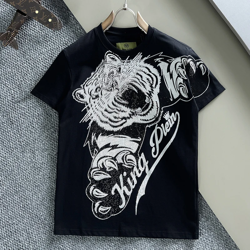 

AlexPlein Rhinestones Diamonds Men's Clothing Fashion 100% Cotton Street Couture Couple Wear Leisure Trendy 2023 Summer Tshirt