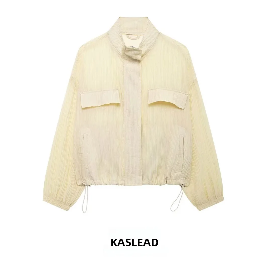 

KASLEAD New Women's Fashion Minimalist Crack Effect Semi-Transparent Jacket Street Style Long Sleeve Short Length Zipper Closure