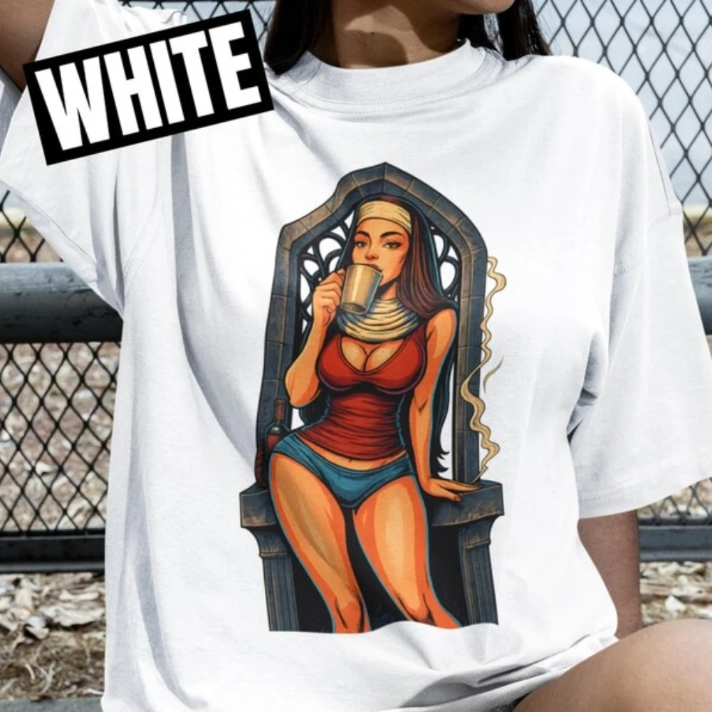 Coffee Nun Funny Religious Humor Graphic T Shirts Sassy Catholic Art Bold Gift for Coffee Lovers Woman T-shirt Dark Humor Tee