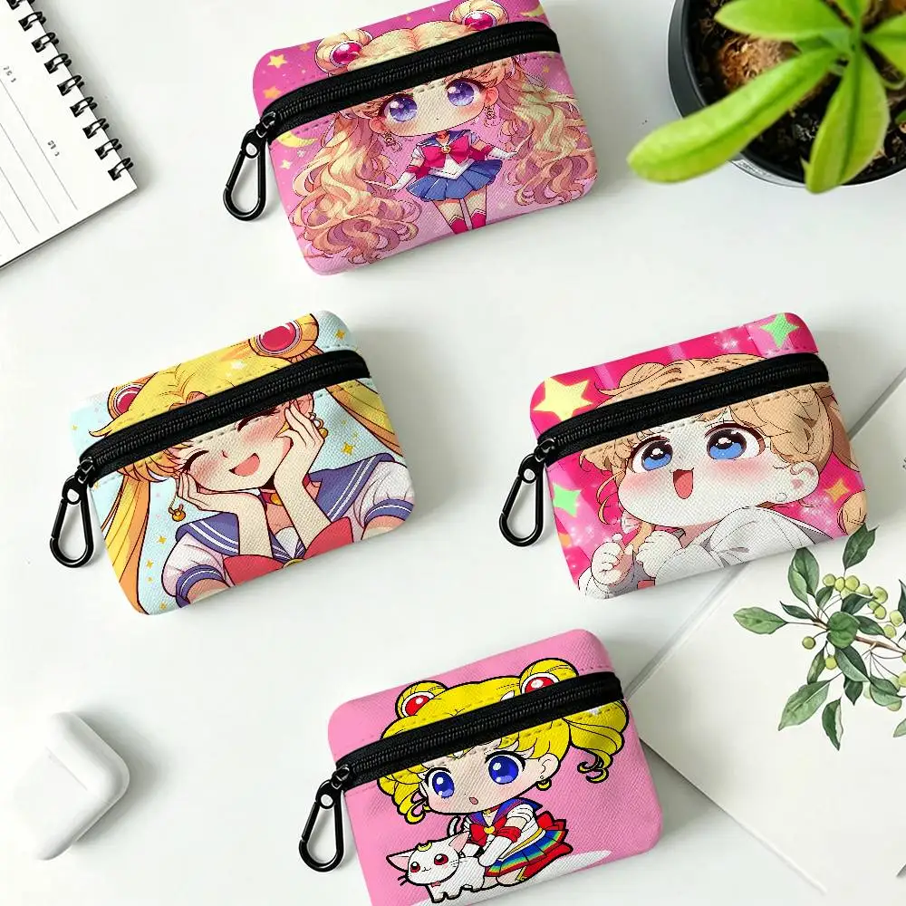 Supernatural Girl S-Sailor Moon Anime Lightweight Oxford Fabric Coin Purse Carabiner Hook Design Mini Card Key Organizer Bag