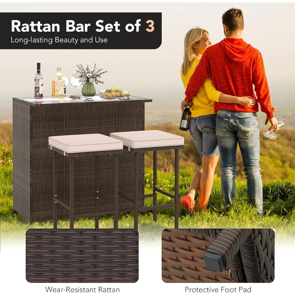 3 Piece Patio Bar Set, Outdoor Rattan Bar Table and 2 Stools with Tempered Glass Tabletop, 2-Tier Storage, Removable Cushions