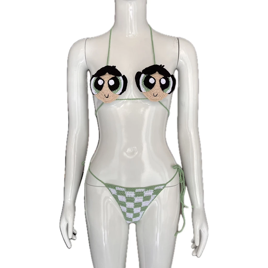 Green Powerpuff  Handmade Crochet Bikini Set Sexy String Beachwear Brazil Bathing Suit High Quality Swimwear For Vacation Wear