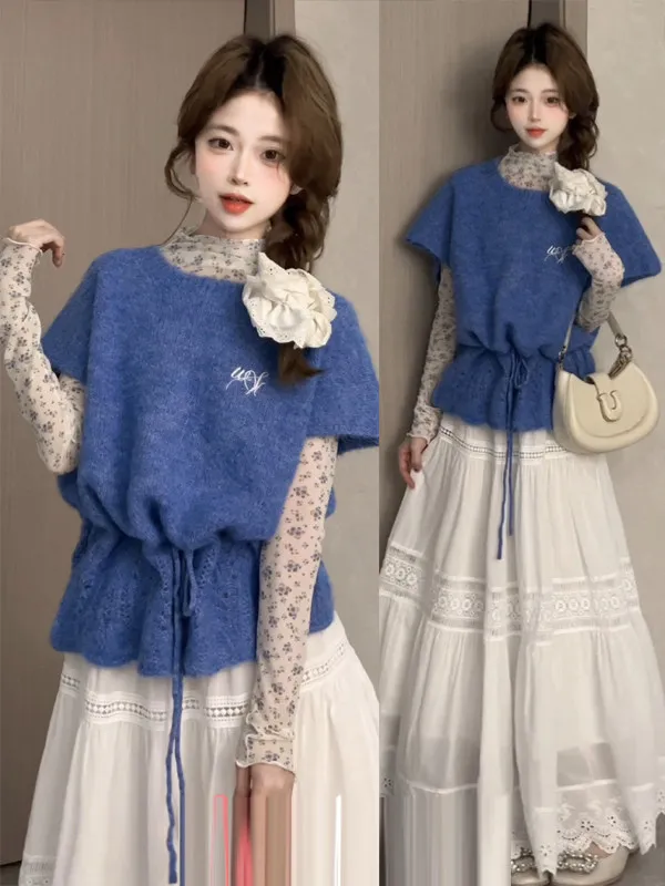 Blue Soft Cozy Women's Knitted Sweater Casual Style Layering Vest Overhead Spring Fashion Korean Loose Fit Bubble Sleeve