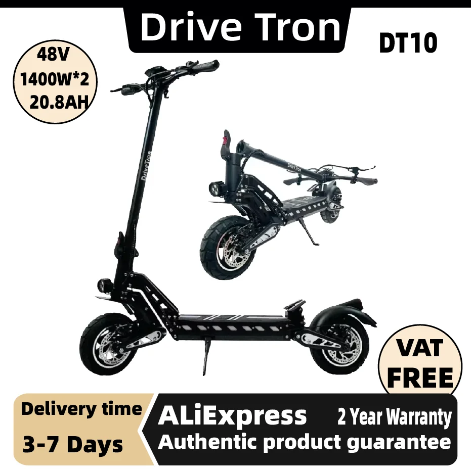 

Электросамокат Drive Tron DT10 с 10-дюймовыми колесами, мотором 1400W*2, батареей 48V 20.8Ah, складной, для взрослых.