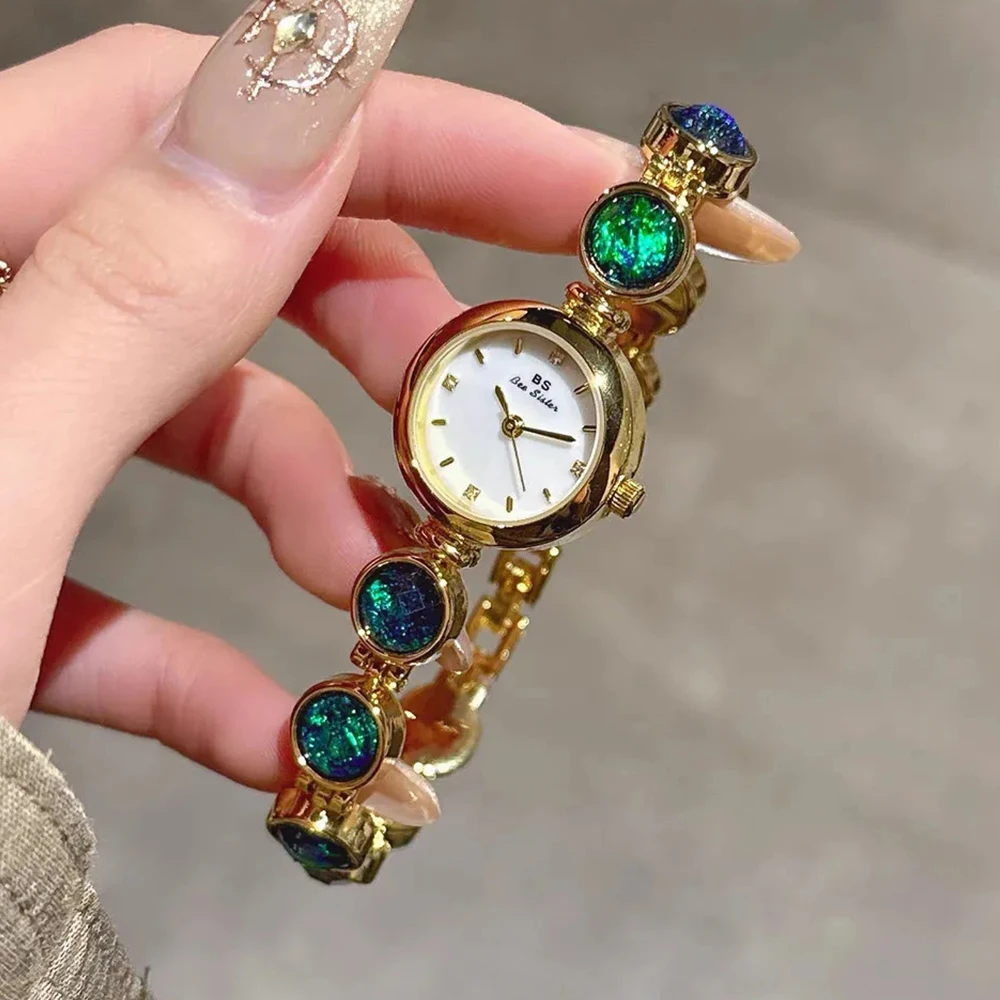 BS Bee Sister Light Luxury Malachite Women's Watches Elegant Round Dial Ladies Wristwatches Quartz Vintage Watch For Woman
