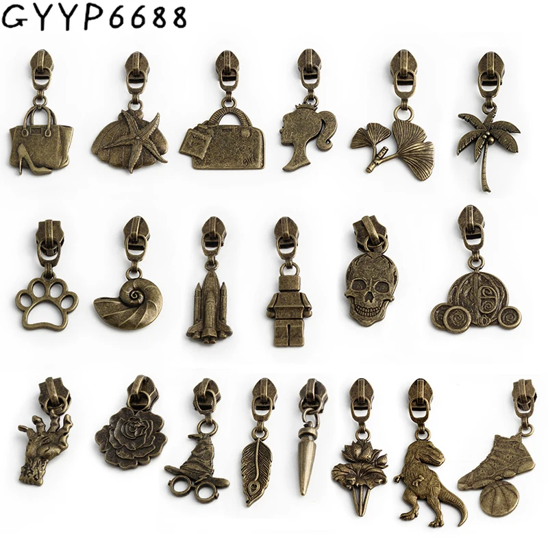 10/50/100PCS Bronze Lotus/Tyrannosaurus Shape 5# Nylon Metal Zipper Slider Head For Luggage Purse Bags Zip Puller Accessories