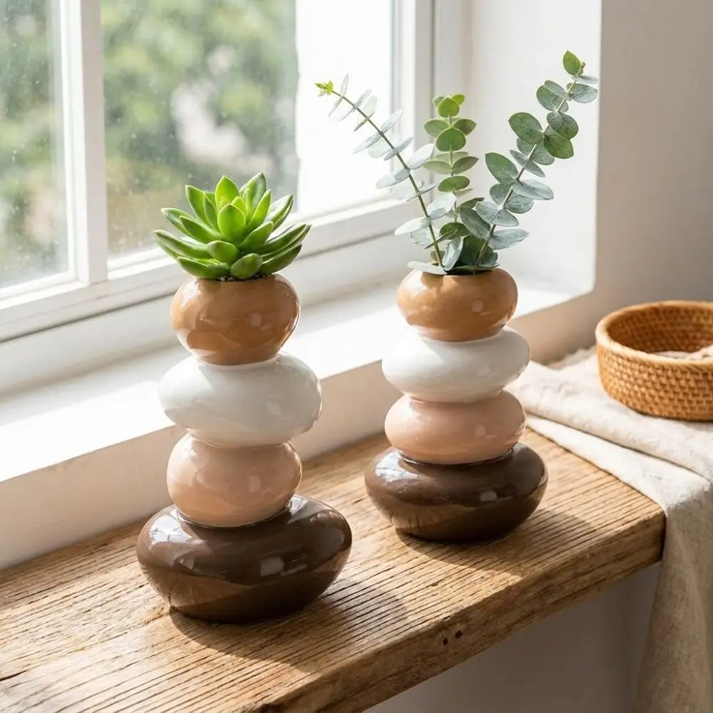 Resin Stacking Stone Flower Vase Smooth 4 Layer Shape Stacked Pebble Plant Bottle Good Luck Anti-tip Pebble Tabletop Ornament