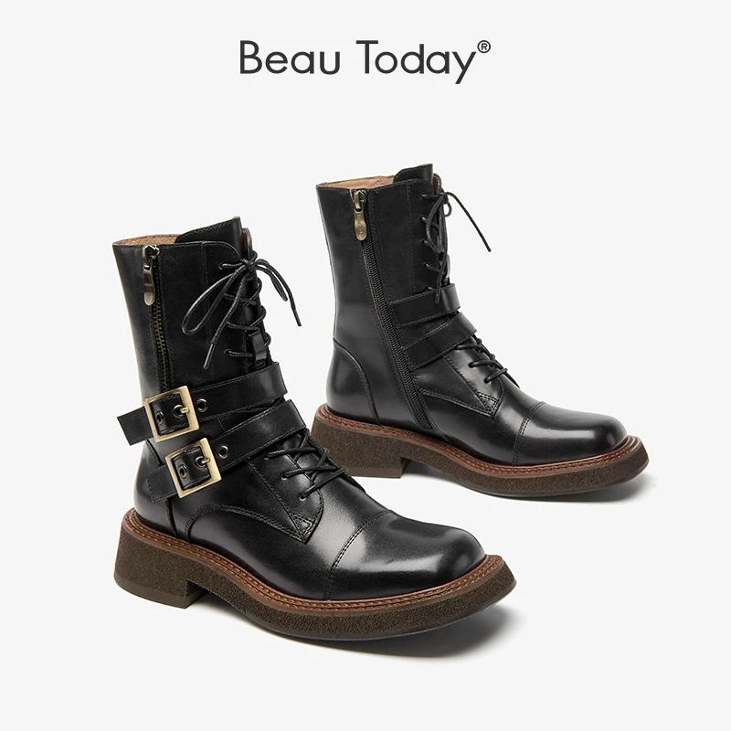 BeauToday Motorcycle Boots Women Genuine Cow Leather Ankle Length Square Toe Zip Buckles Decoration Female Punk Shoes A03222